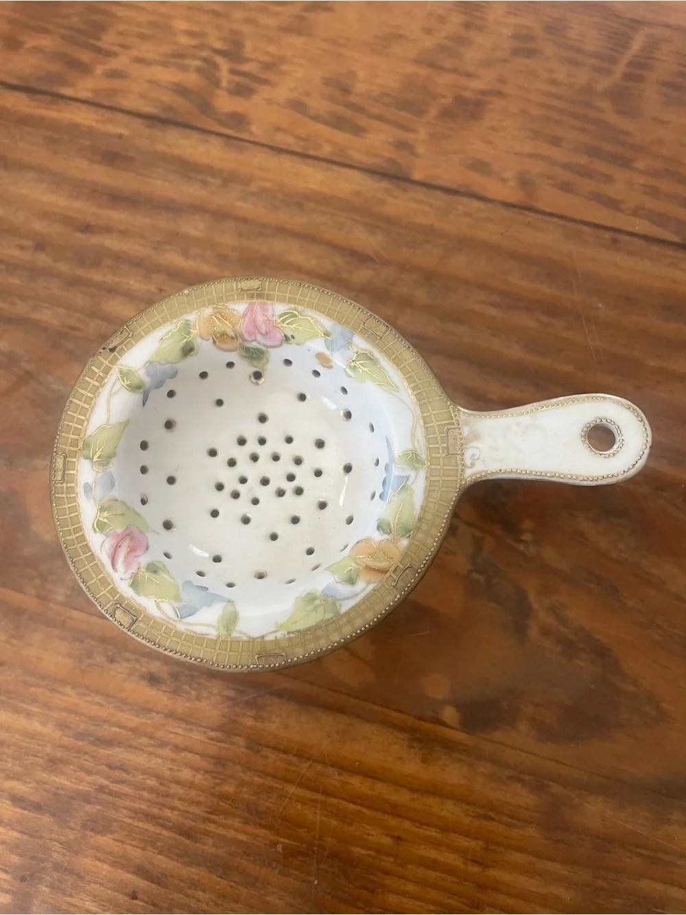 Vintage Handpainted Porcelain Tea Strainer & drip bowl with Floral accents RARE